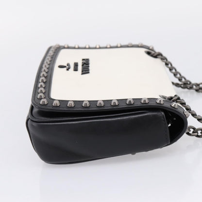 Prada Chain Flap Studded Glace Calf, White, Leather, Shoulder Bag