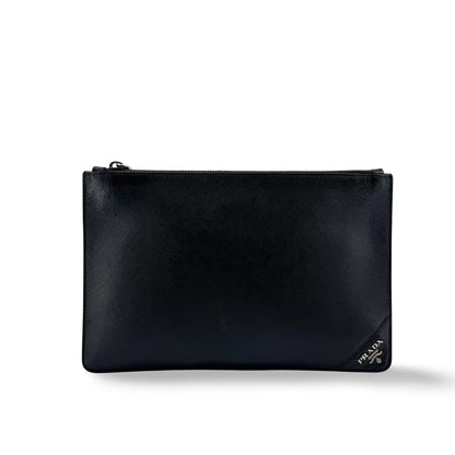 Prada Wristlet Zip Clutch Vitello Daino, Black, Leather, Clutch