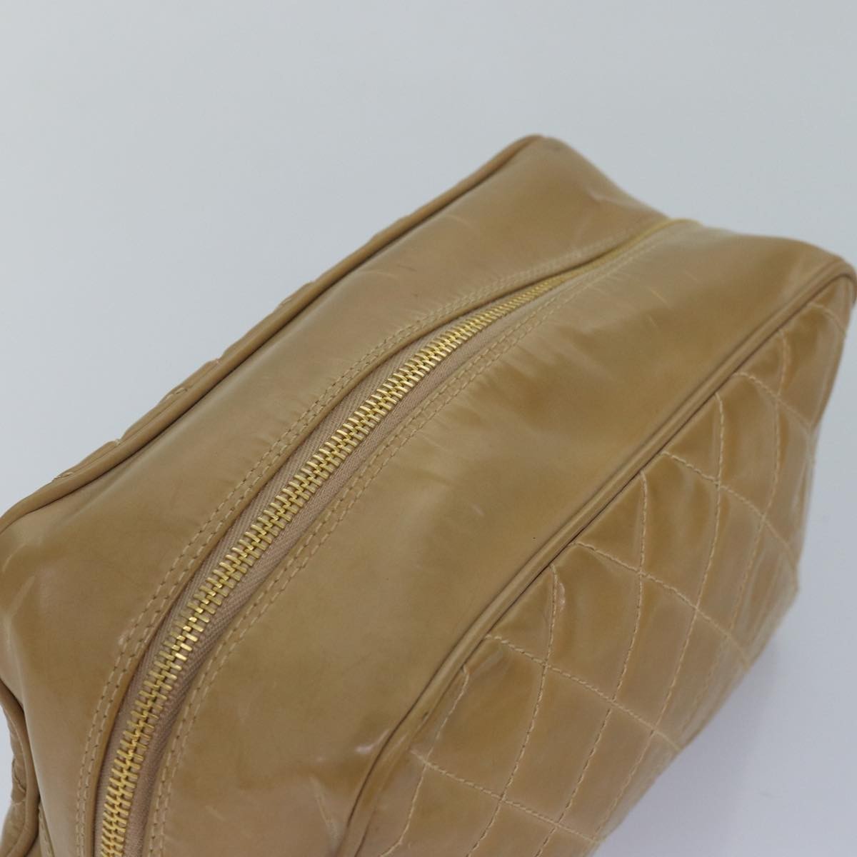 Chanel Square Stitch Toiletry Lambskin, Beige, Leather, Clutch