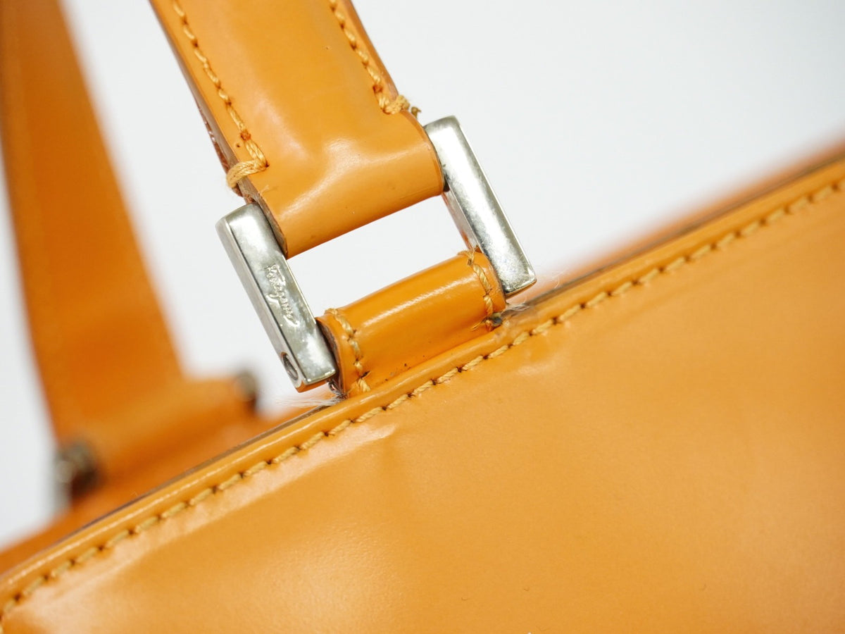 Salvatore Ferragamo Double Gancini Side Buckle Leather, Orange, Leather, Tote Bag