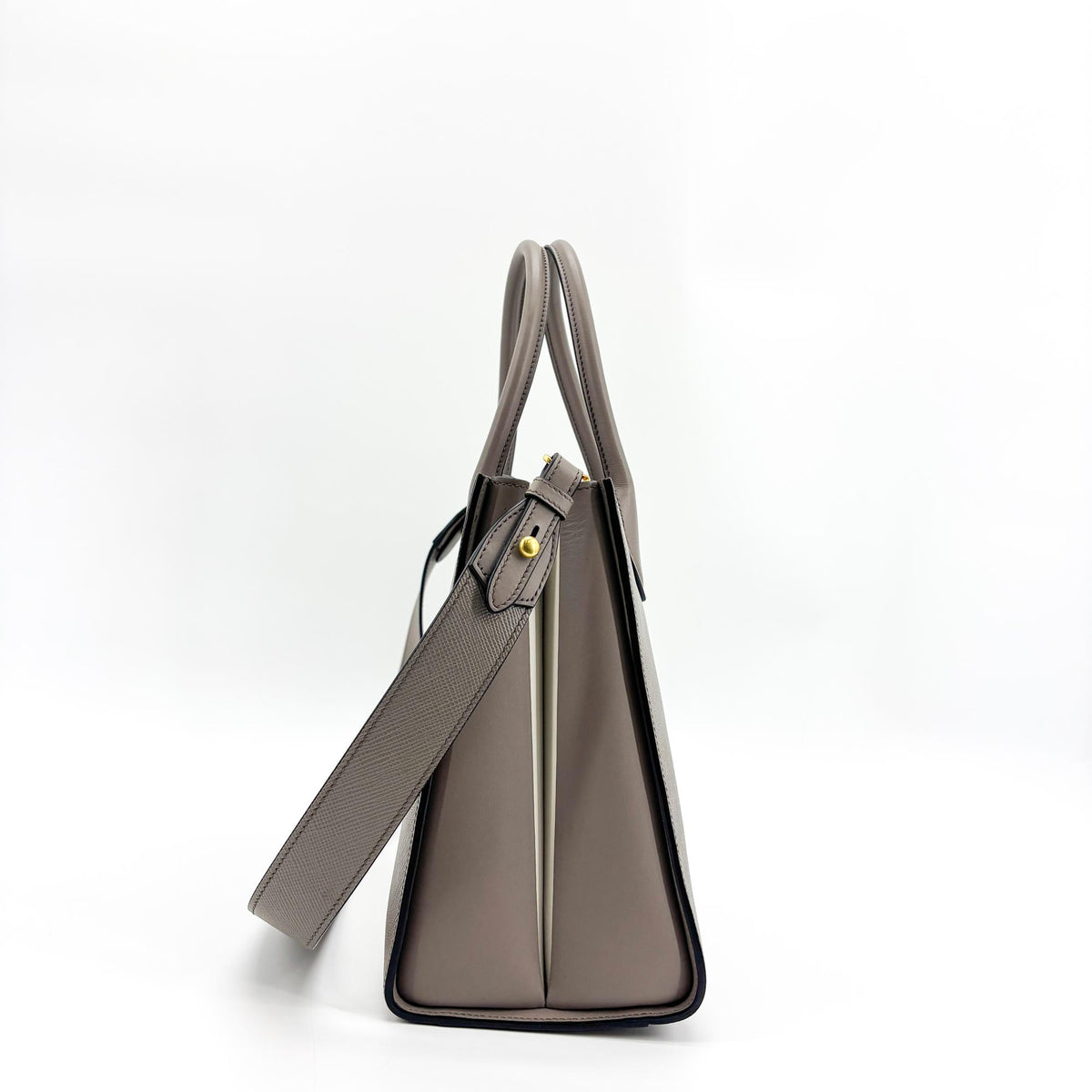 Prada Side Pleat Saffiano Leather, Gray, Leather, Tote Bag