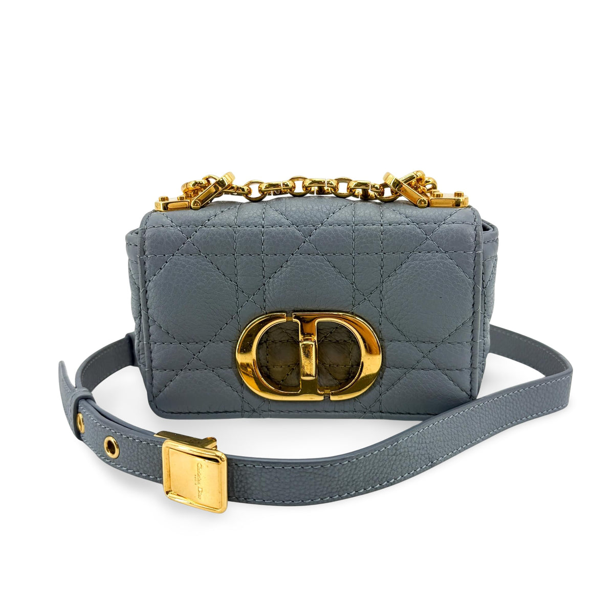 Christian Dior Caro Cannage Quilt Calfskin, Gray, Leather, Handbag