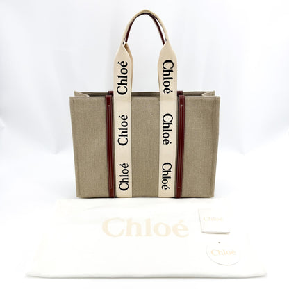Chloe Woody Canvas with Leather, Brown, Canvas, Tote Bag