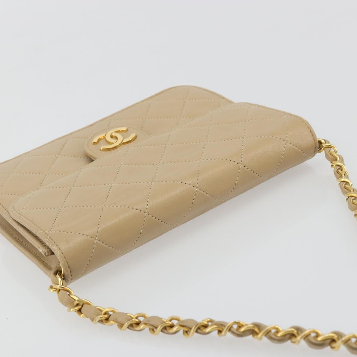 Chanel Vintage Clutch with Chain Quilted Leather, Beige, Leather, Clutch