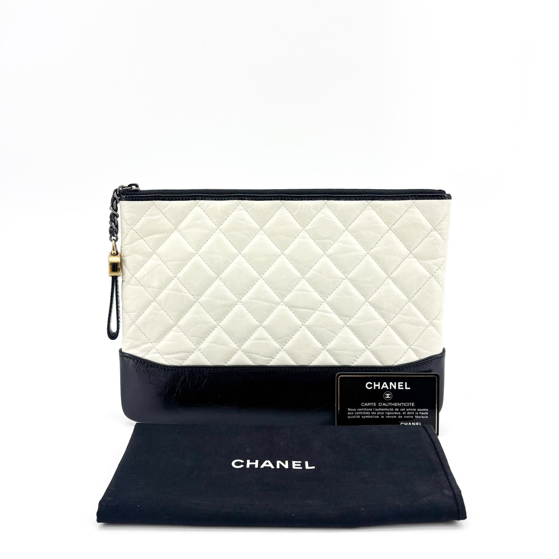 Chanel Gabrielle O Case Clutch Quilted Aged Calfskin, Black, Leather, Clutch
