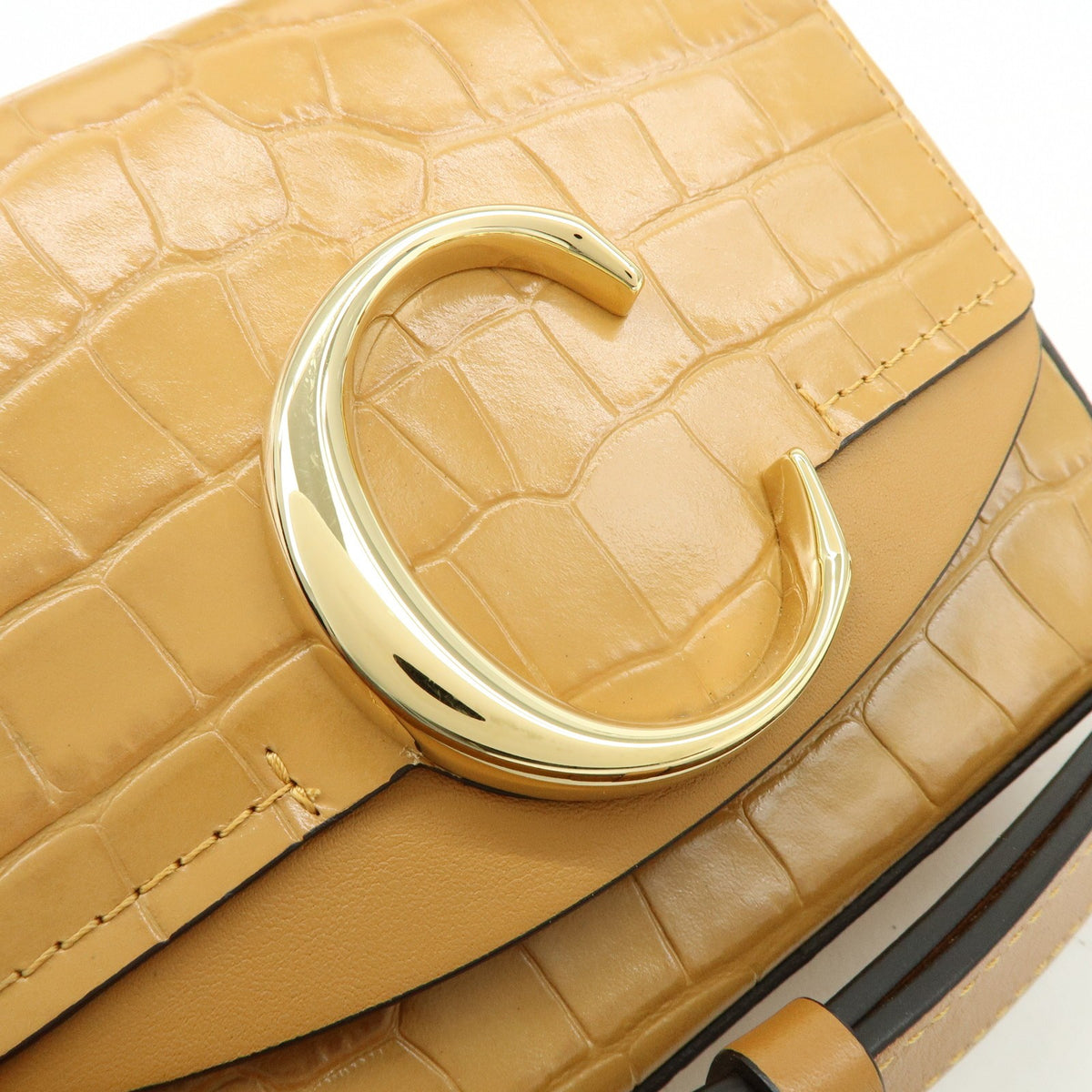 Chloe C Flap Crocodile Embossed Leather, Brown, Leather, Handbag