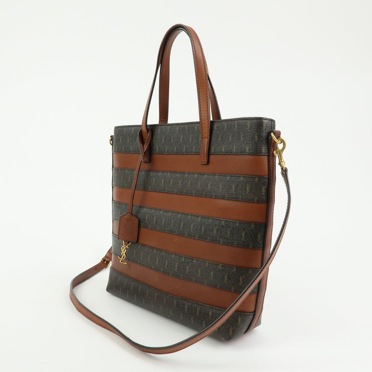 Saint Laurent Le Monogramme Shopper Monogram All Over Coated Canvas and Leather, Brown, PVC, Tote Bag