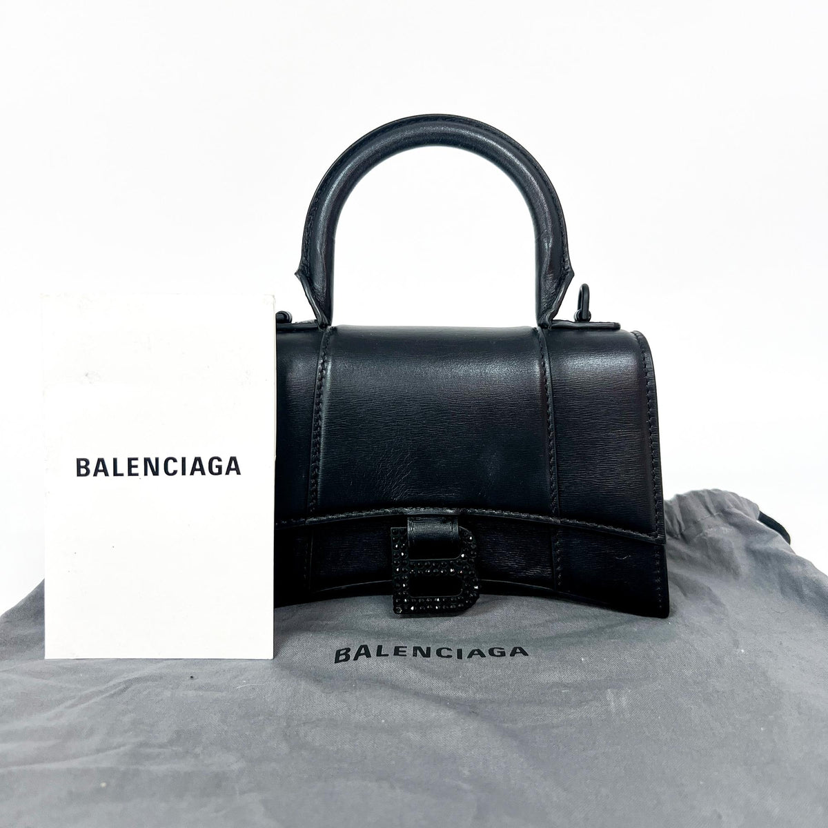 Balenciaga Hourglass Top Handle Leather with Crystals, Black, Leather, Handbag