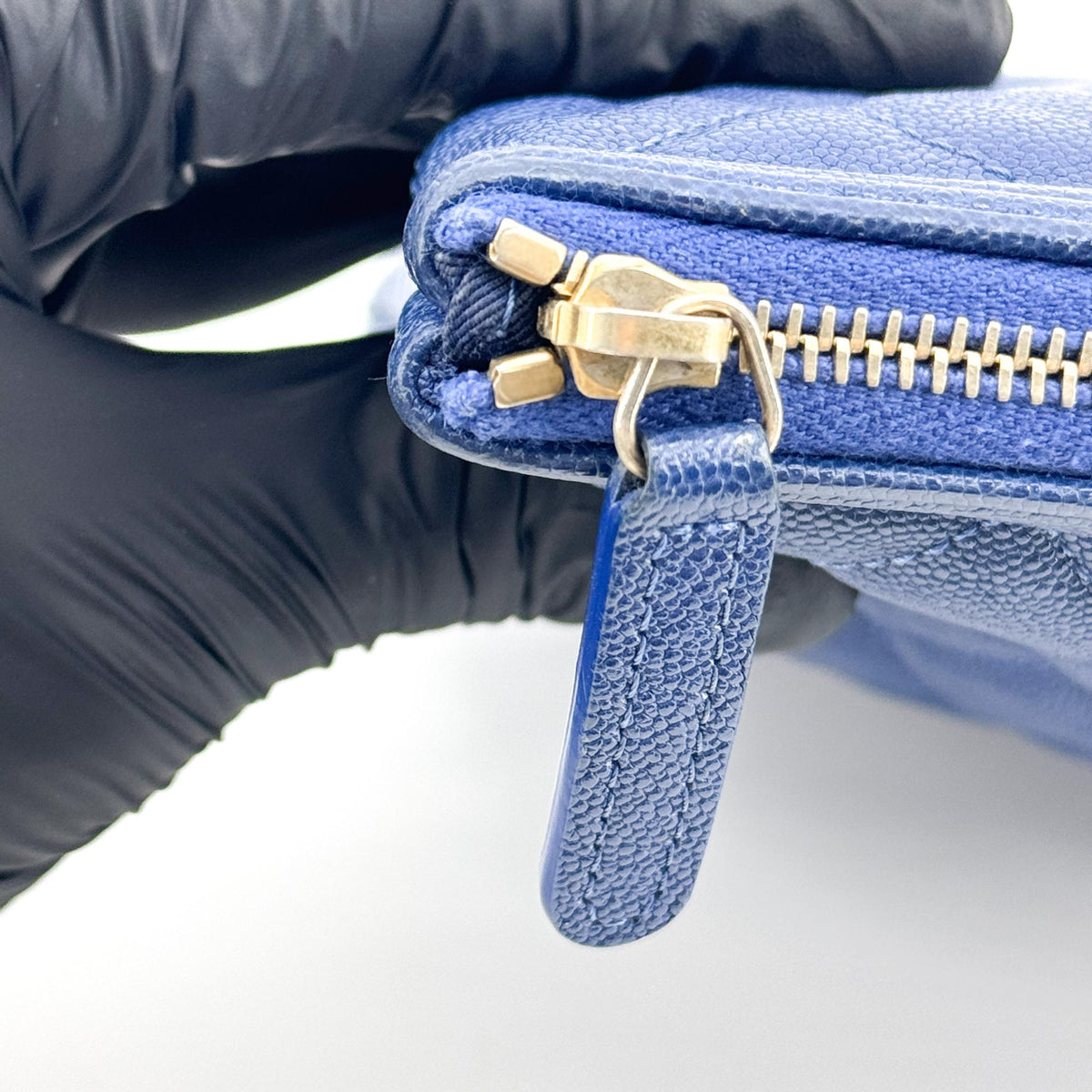 Chanel Boy O Case Clutch Quilted Caviar, Blue, Leather, Clutch