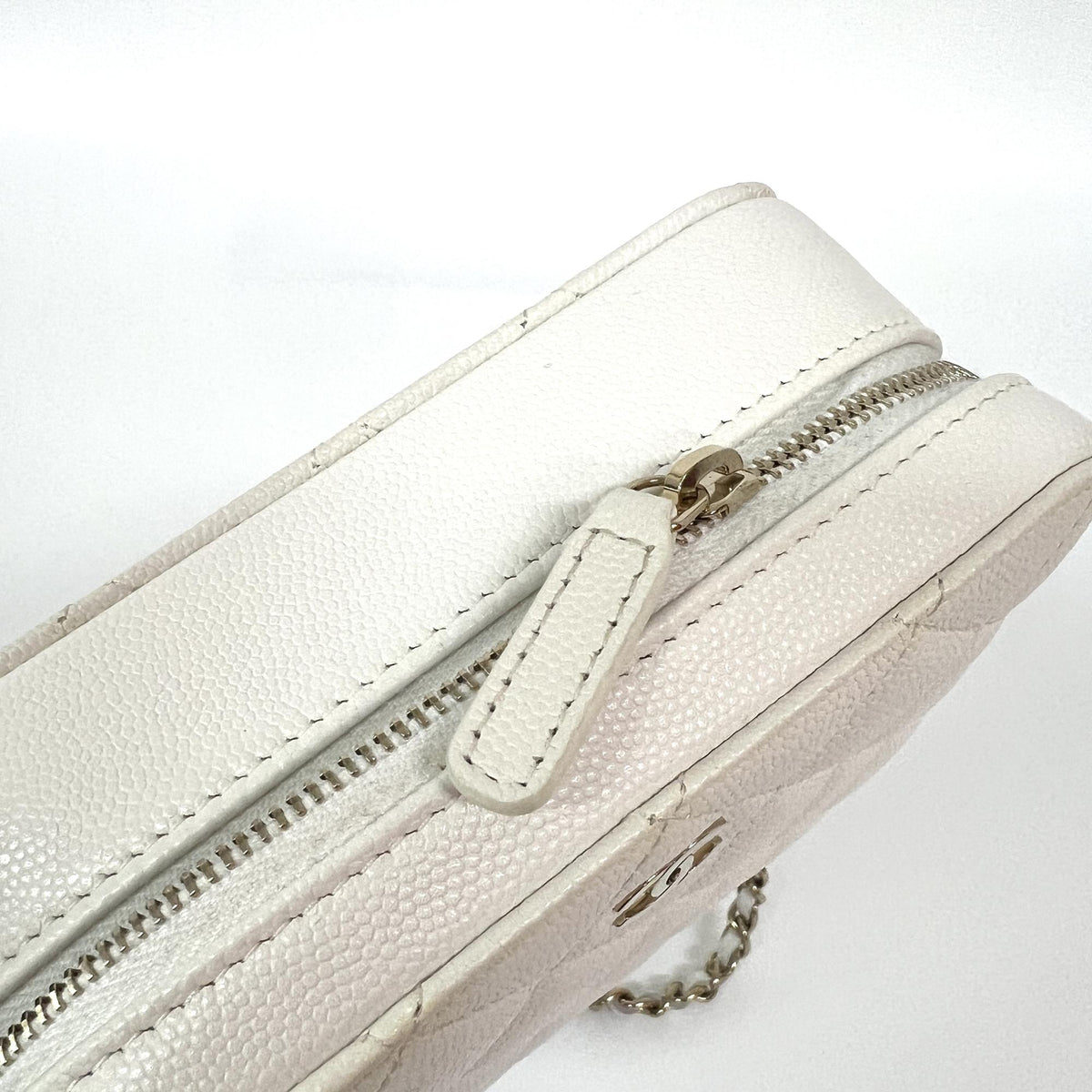 Chanel Square CC Chain Camera Quilted Caviar, White, Leather, Shoulder Bag
