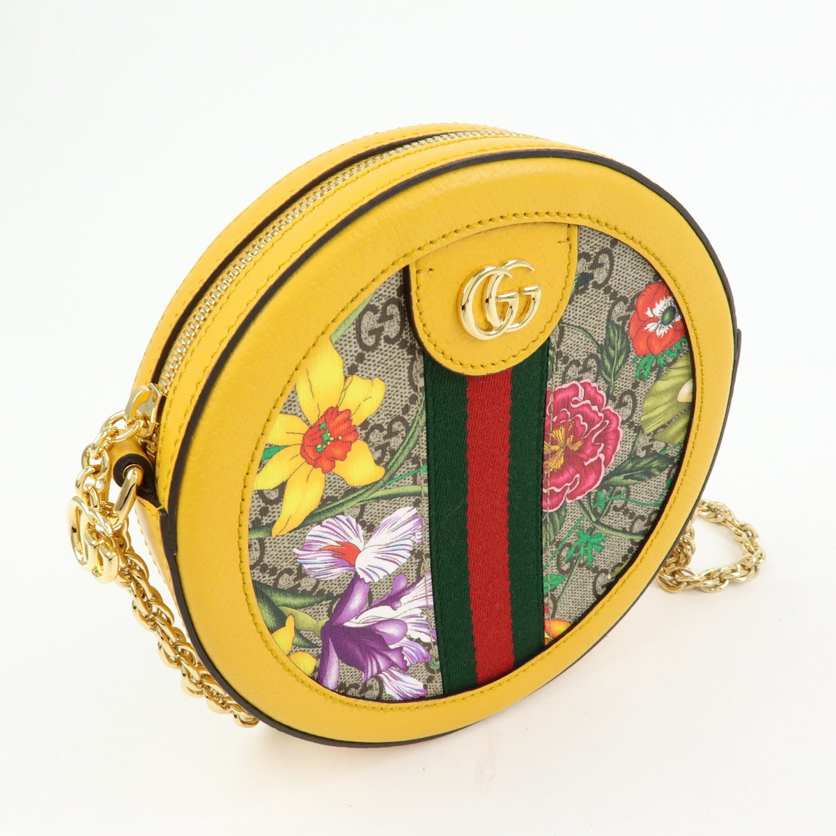 Gucci Ophidia Round Flora GG Coated Canvas, Yellow, Leather, Shoulder Bag