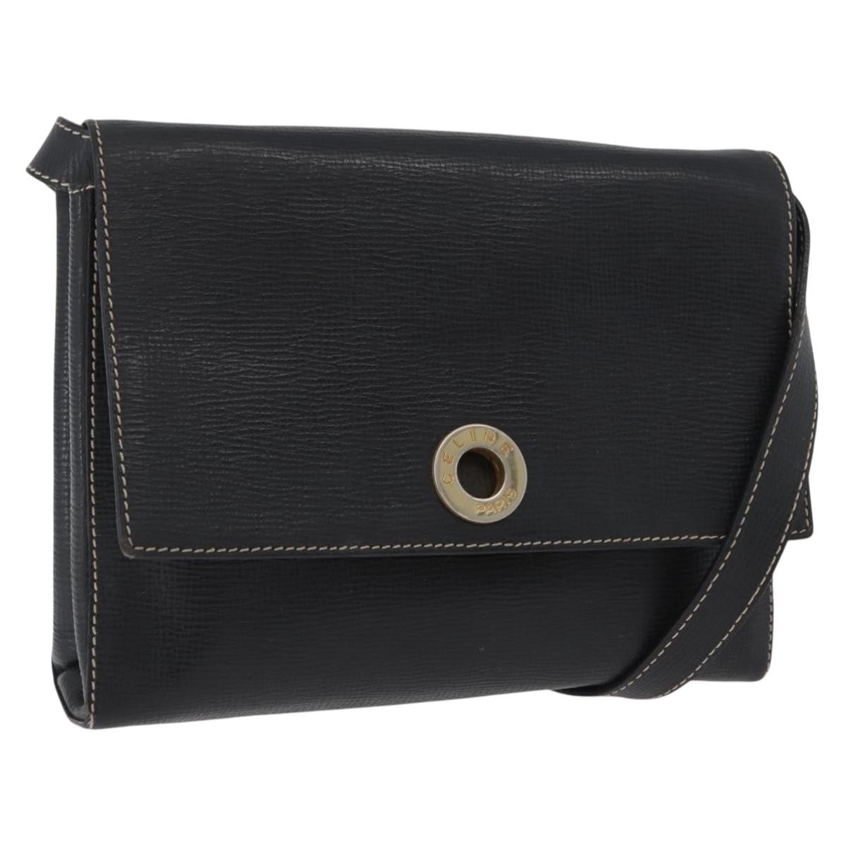 Celine Circle Logo Leather, Black, Leather, Shoulder Bag