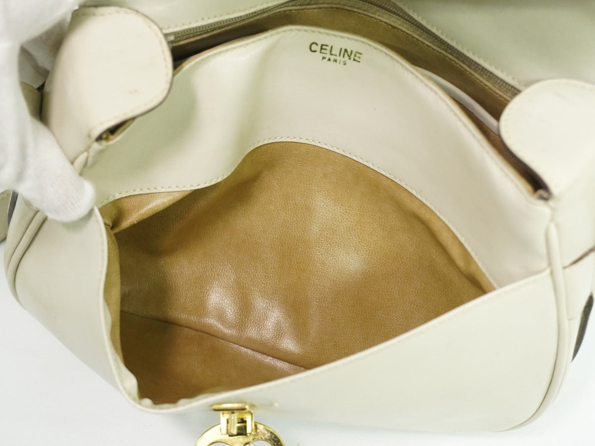 Celine Flap Shoulder Leather, Beige, Leather, Shoulder Bag