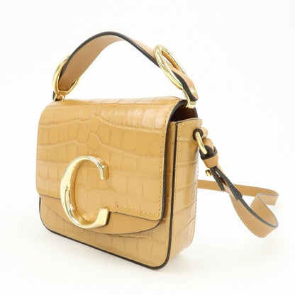 Chloe C Flap Crocodile Embossed Leather, Brown, Leather, Handbag