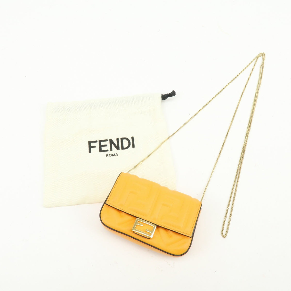 Fendi Chain Baguette Charm Zucca Embossed Leather, Orange, Leather, Handbag