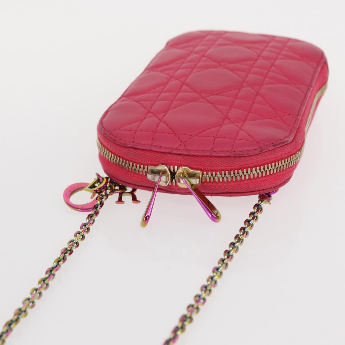 Christian Dior Lady Dior Phone Holder on Chain Cannage Quilt Lambskin, Pink, Leather, Clutch