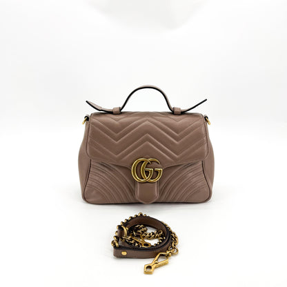 Gucci GG Marmont Top Handle Flap Matelasse Leather, Brown, Leather, Handbag