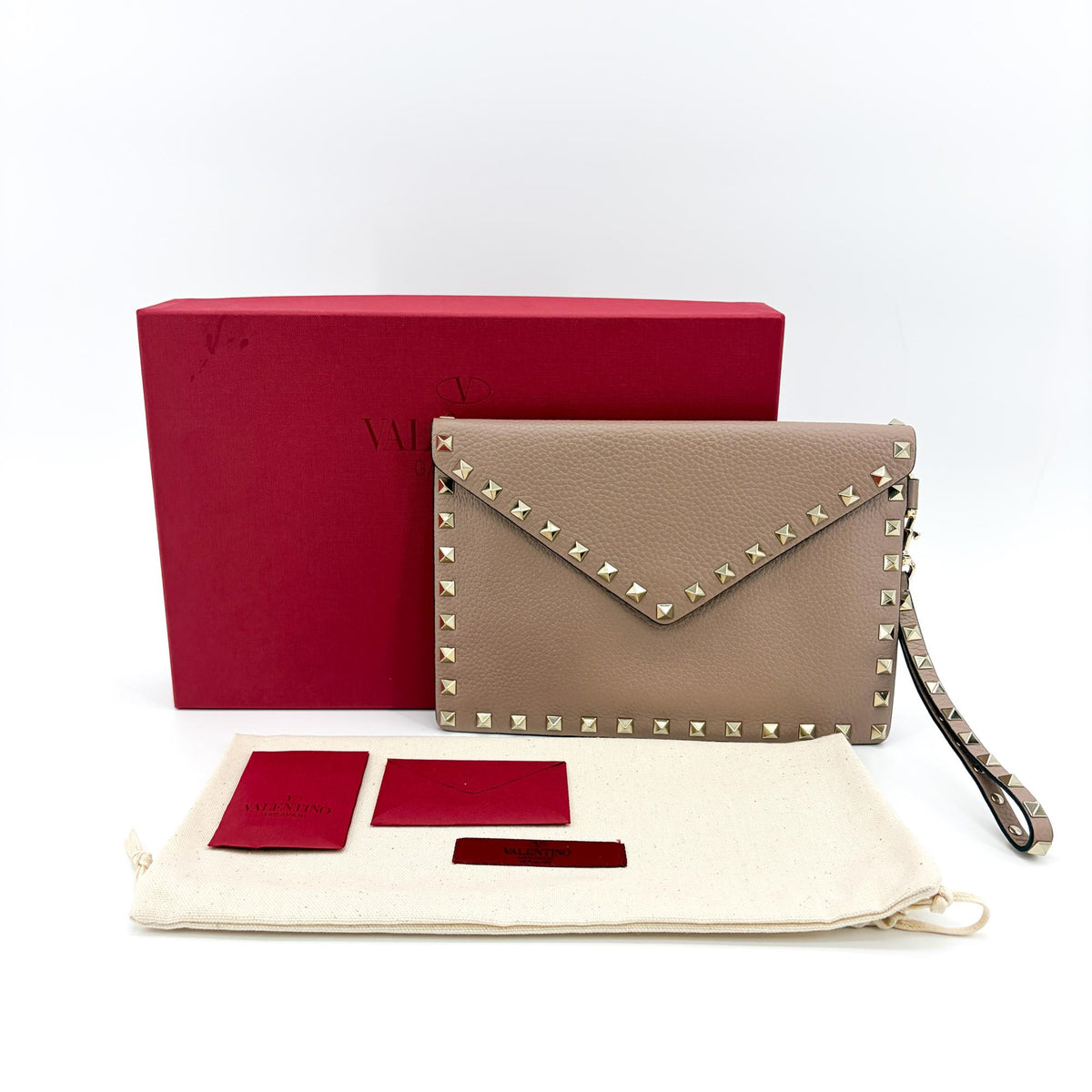 Valentino Garavani Rockstud Envelope Wristlet Clutch Leather, Beige, Leather, Clutch