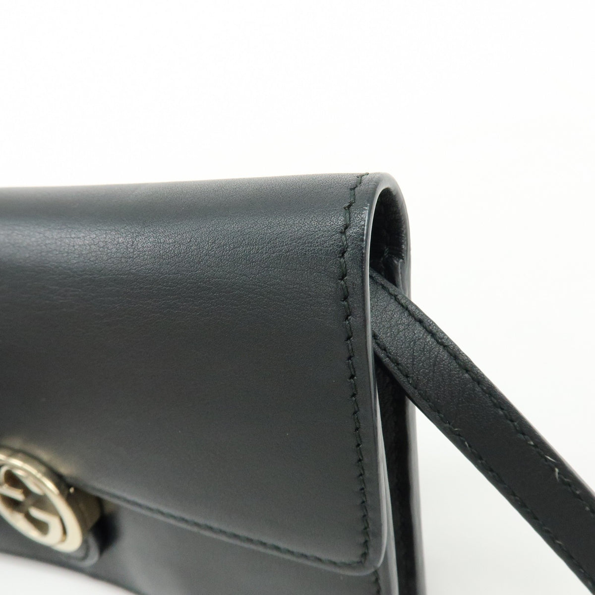 Gucci Interlocking Wallet on Chain Leather, Black, Leather, Crossbody Bag