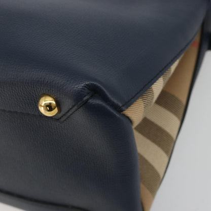 Burberry Banner Leather and House Check Canvas, Navy, Leather, Tote Bag