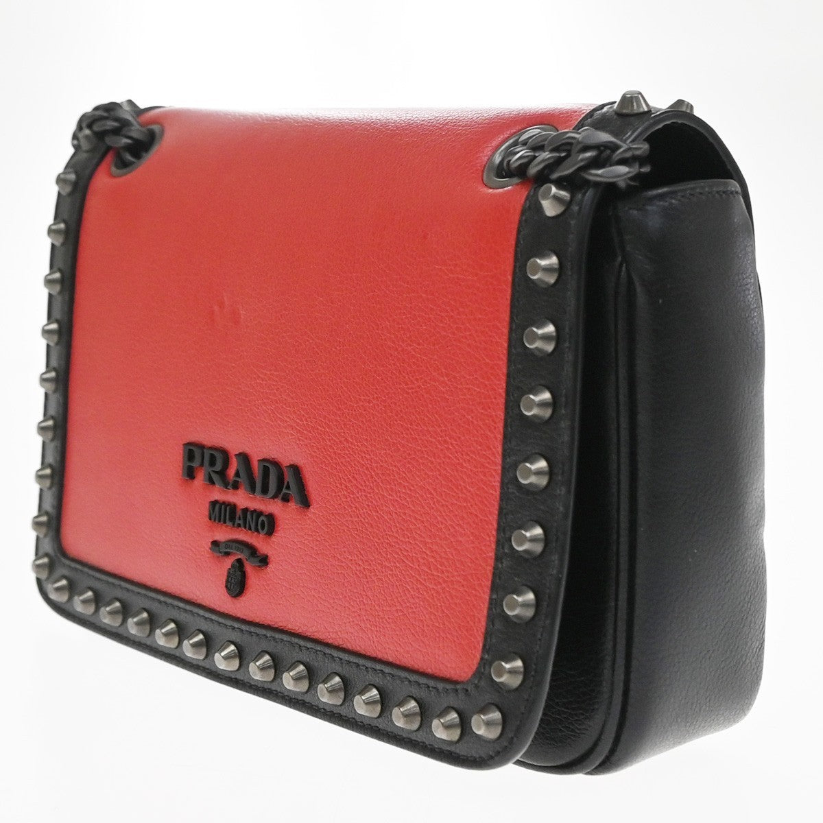 Prada Chain Flap Bag Studded Glace Calf, Red, Leather, Shoulder Bag
