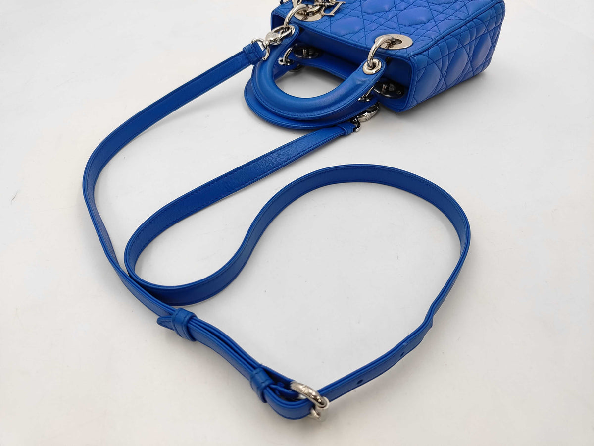 Christian Dior Vintage Lady Dior Cannage Quilt Lambskin, Blue, Leather, Handbag