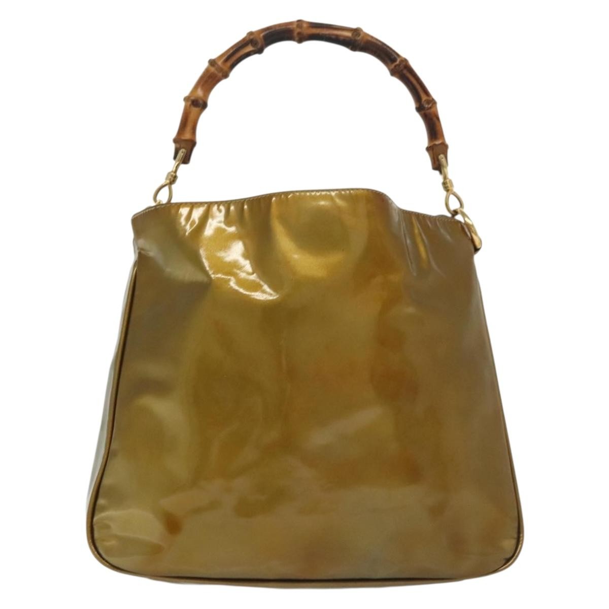 Gucci Vintage Bamboo Handle Open Hobo Leather, Gold, Patent Leather, Shoulder Bag