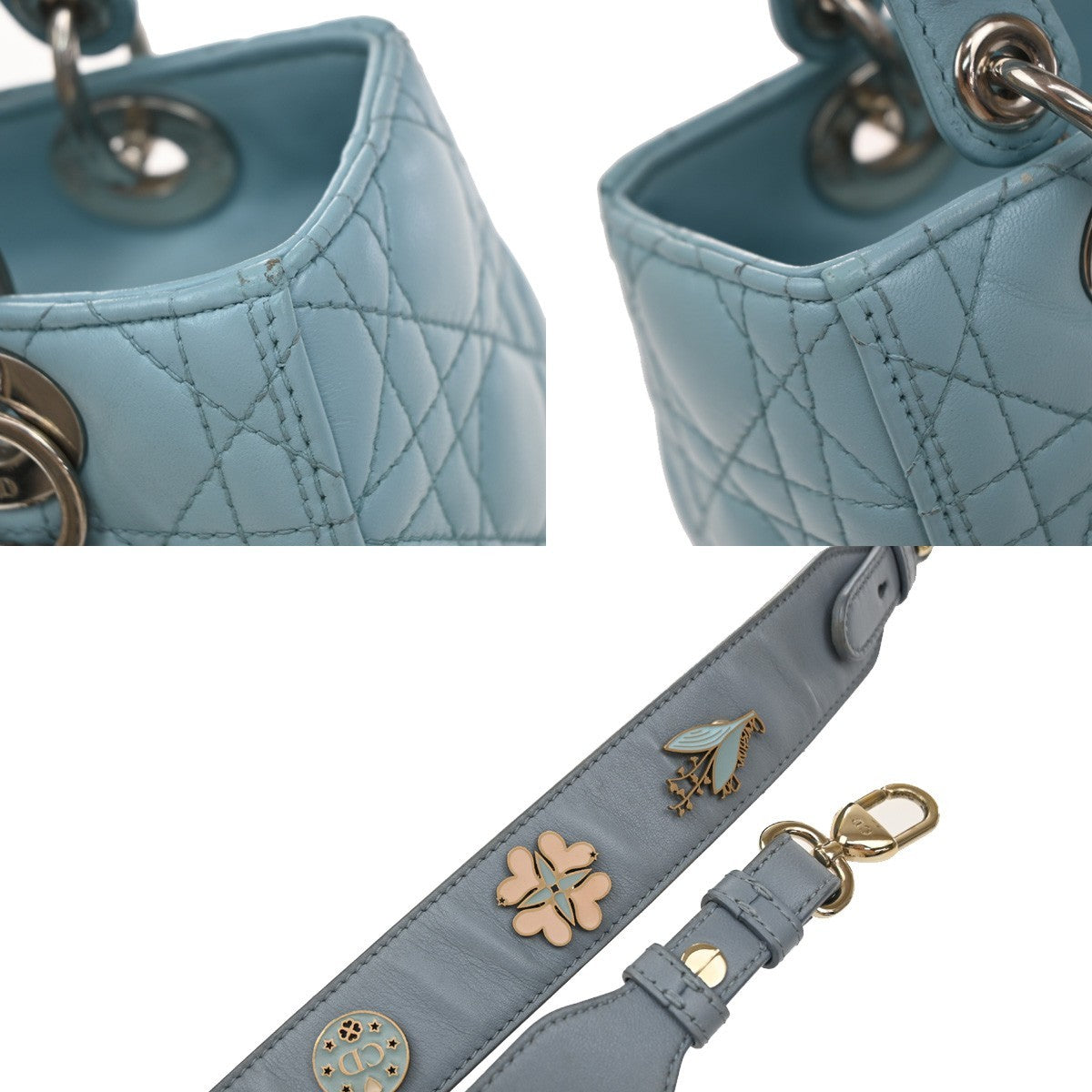 Christian Dior Lady Dior Cannage Quilt Lambskin, Blue, Leather, Handbag