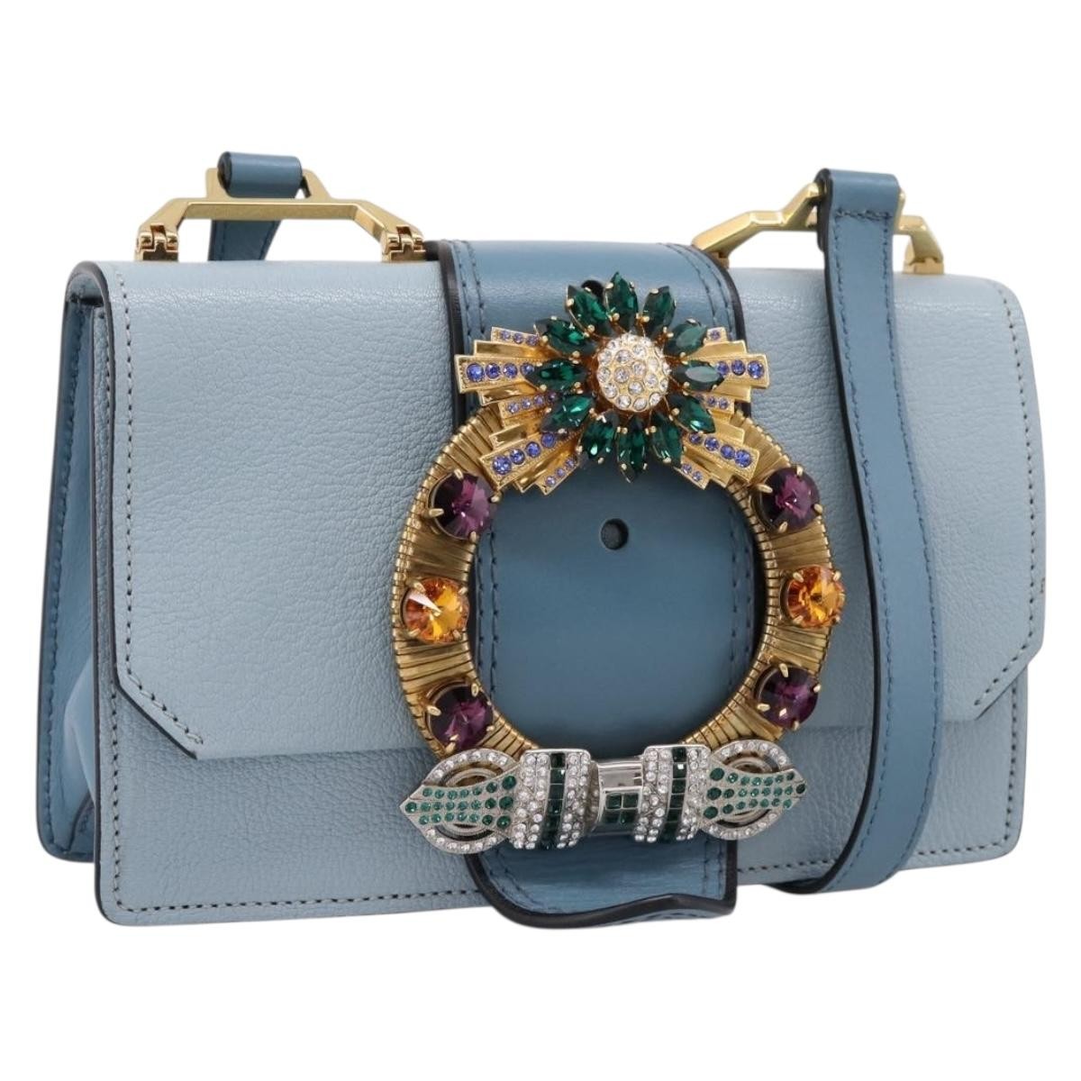 Miu Miu Madras Crystal Buckle Leather, Blue, Leather, Shoulder Bag