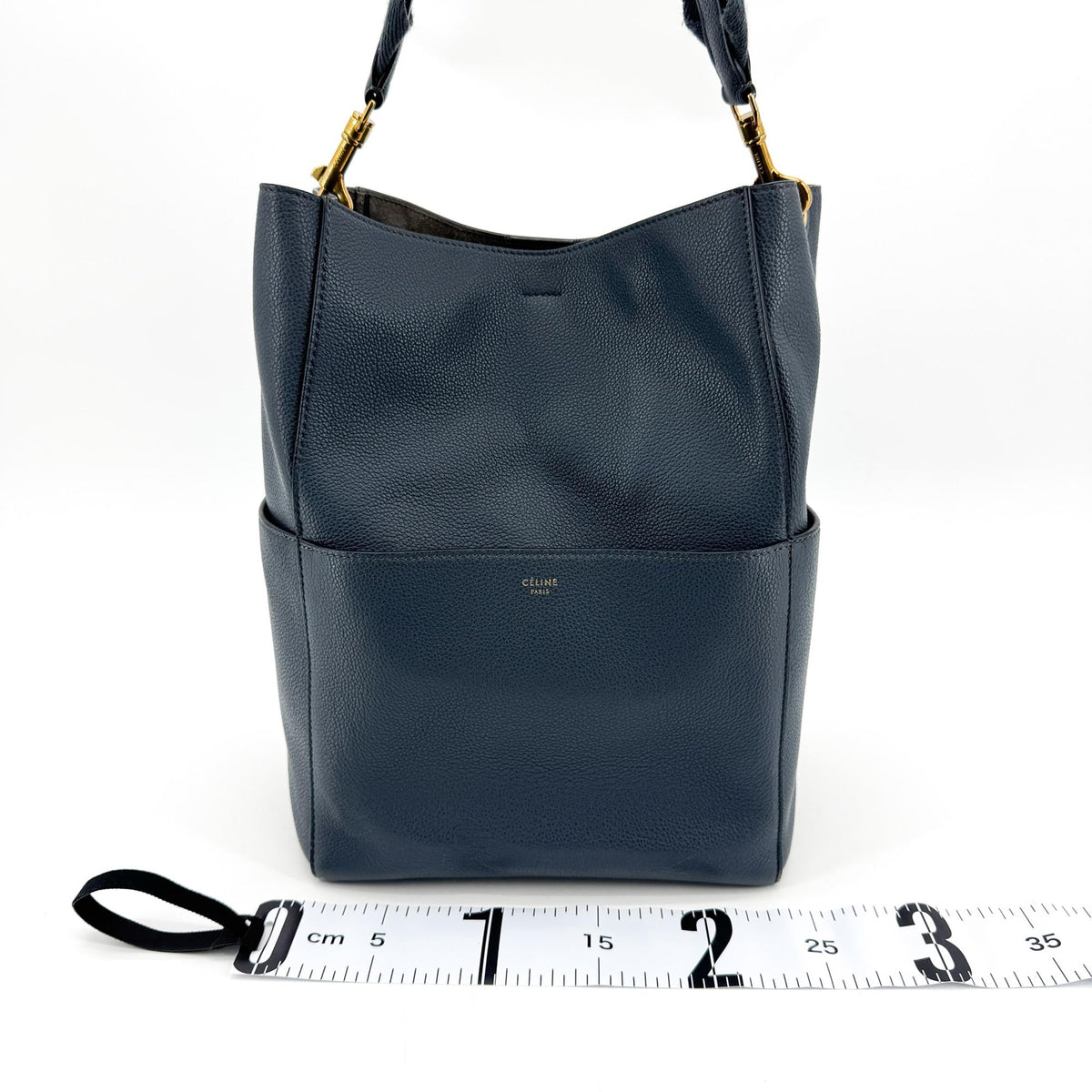 Celine Sangle Seau Calfskin, Navy, Leather, Handbag