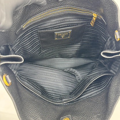 Prada Side Zip Convertible Vitello Daino, Black, Leather, Tote Bag