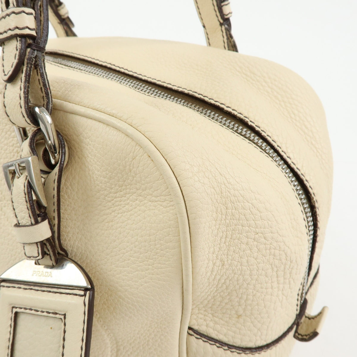 Prada Embossed Logo Bauletto Vitello Daino, Beige, Leather, Handbag