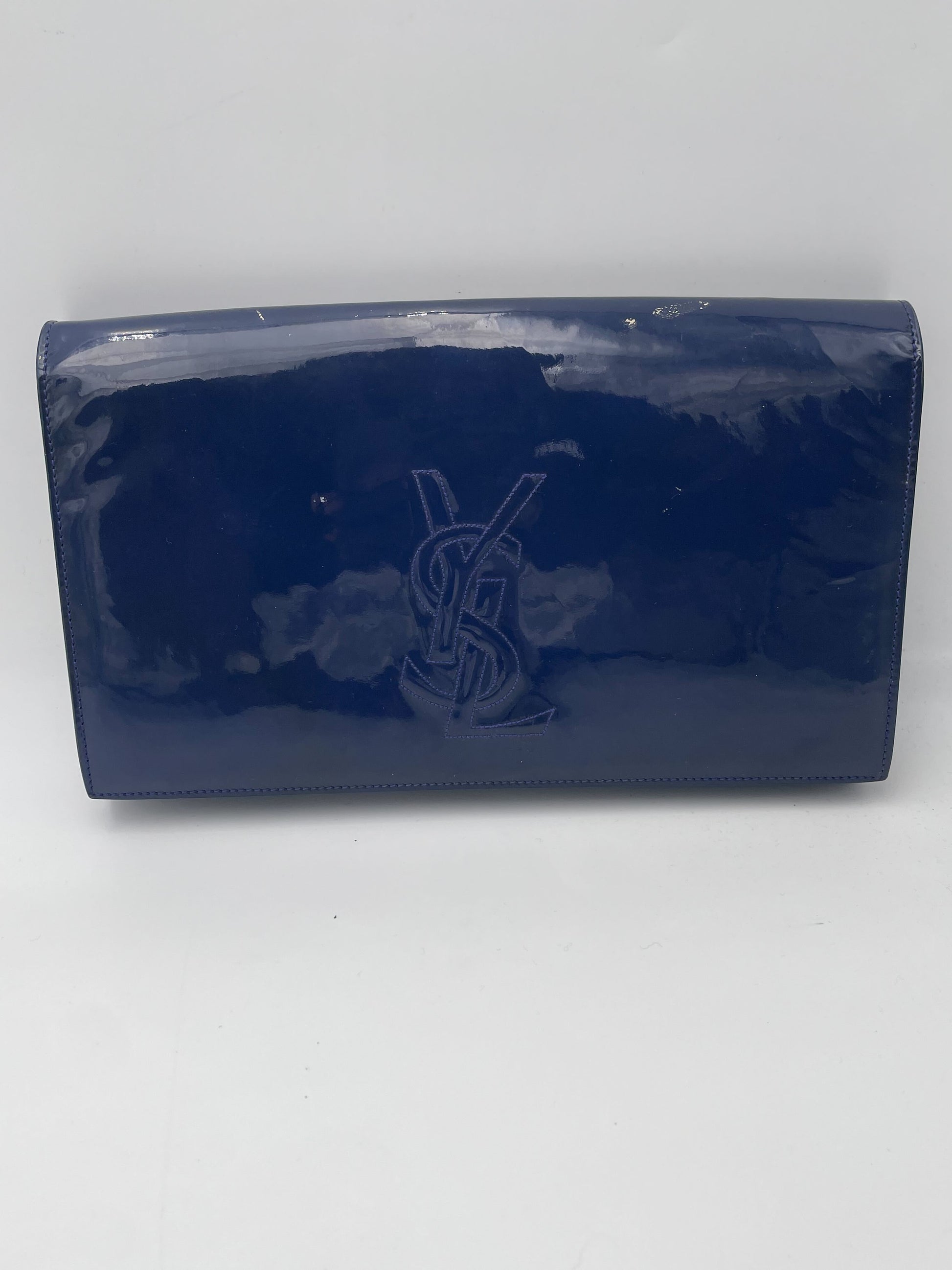 Saint Laurent Belle de Jour Chain Wallet Patent, BLUE, LEATHER, Clutche & pouche