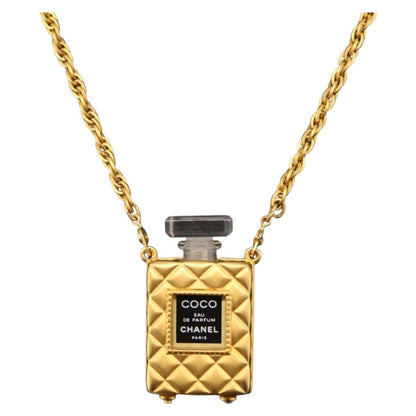 Chanel CC Perfume Bottle Pendant Chain Long Metal with Crystals and Faux Pearls, Gold, Metal, Necklace