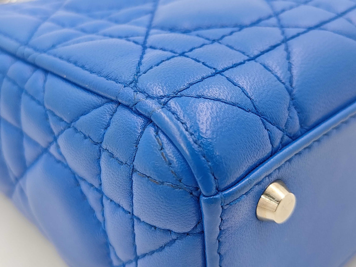 Christian Dior Vintage Lady Dior Cannage Quilt Lambskin, Blue, Leather, Handbag