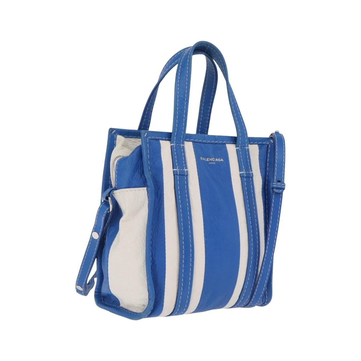 Balenciaga Bazar Convertible Striped Leather, Blue, Leather, Tote Bag