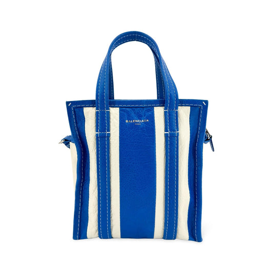 Balenciaga Bazar Striped Leather, Blue, Leather, Tote Bag