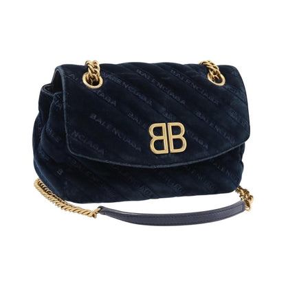 Balenciaga BB Chain Round Quilted Velvet, Navy, Velvet, Shoulder Bag