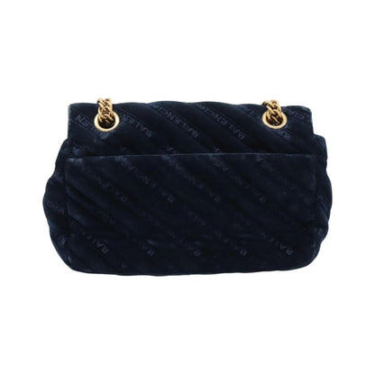 Balenciaga BB Chain Round Quilted Velvet, Navy, Velvet, Shoulder Bag