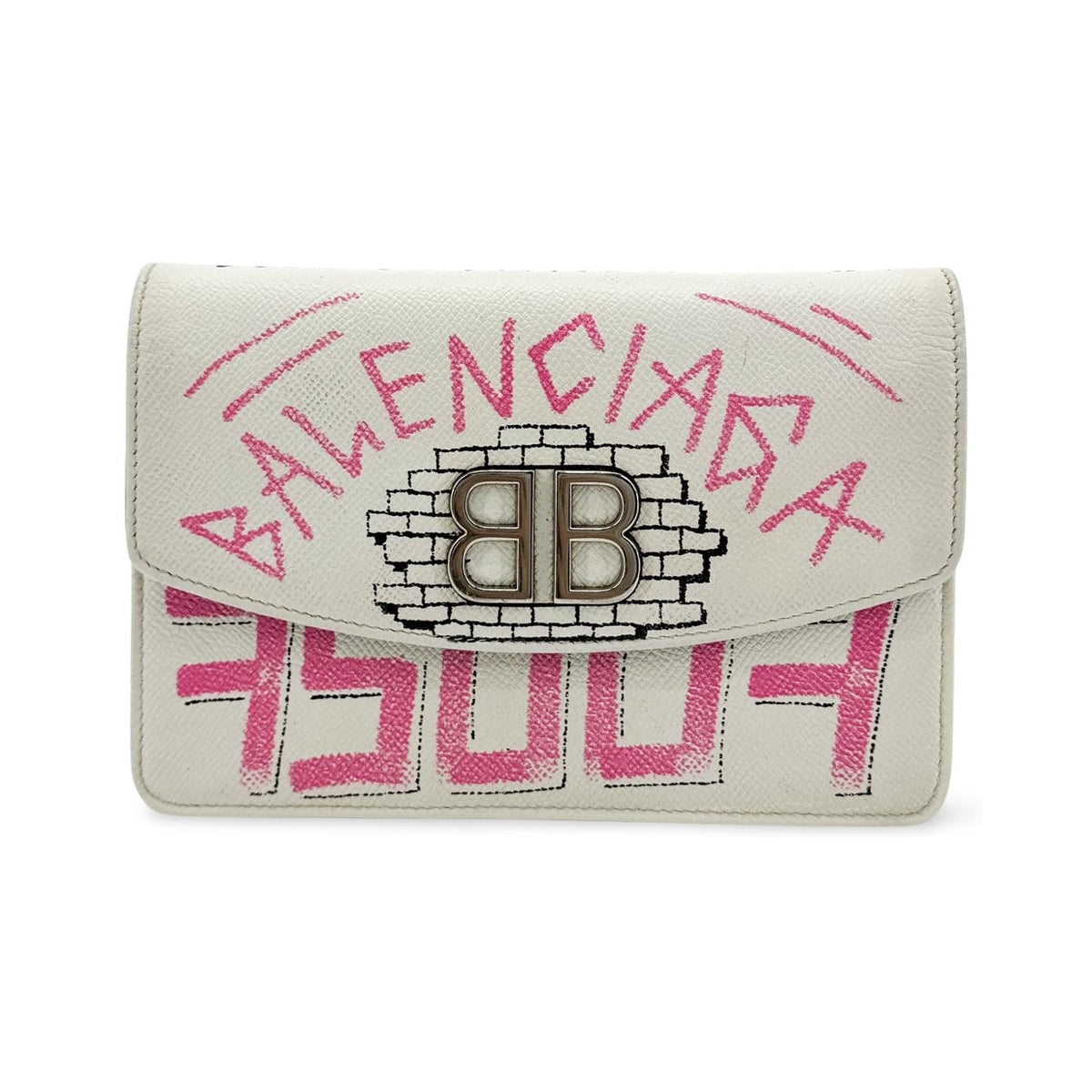 Balenciaga BB Graffiti Chain Leather, White, Leather, Crossbody Bag