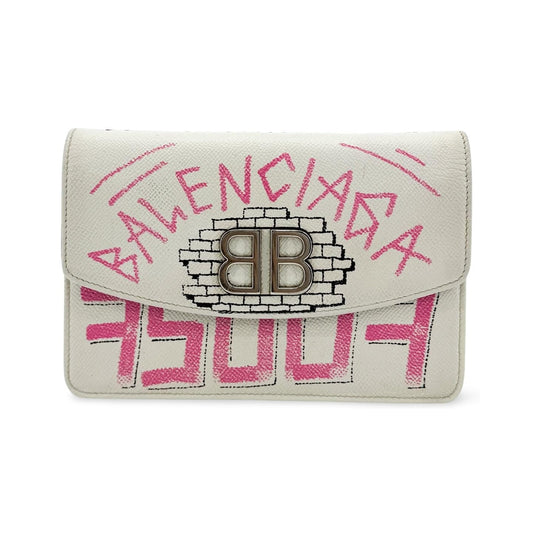 Balenciaga BB Graffiti Chain Leather, White, Leather, Crossbody Bag