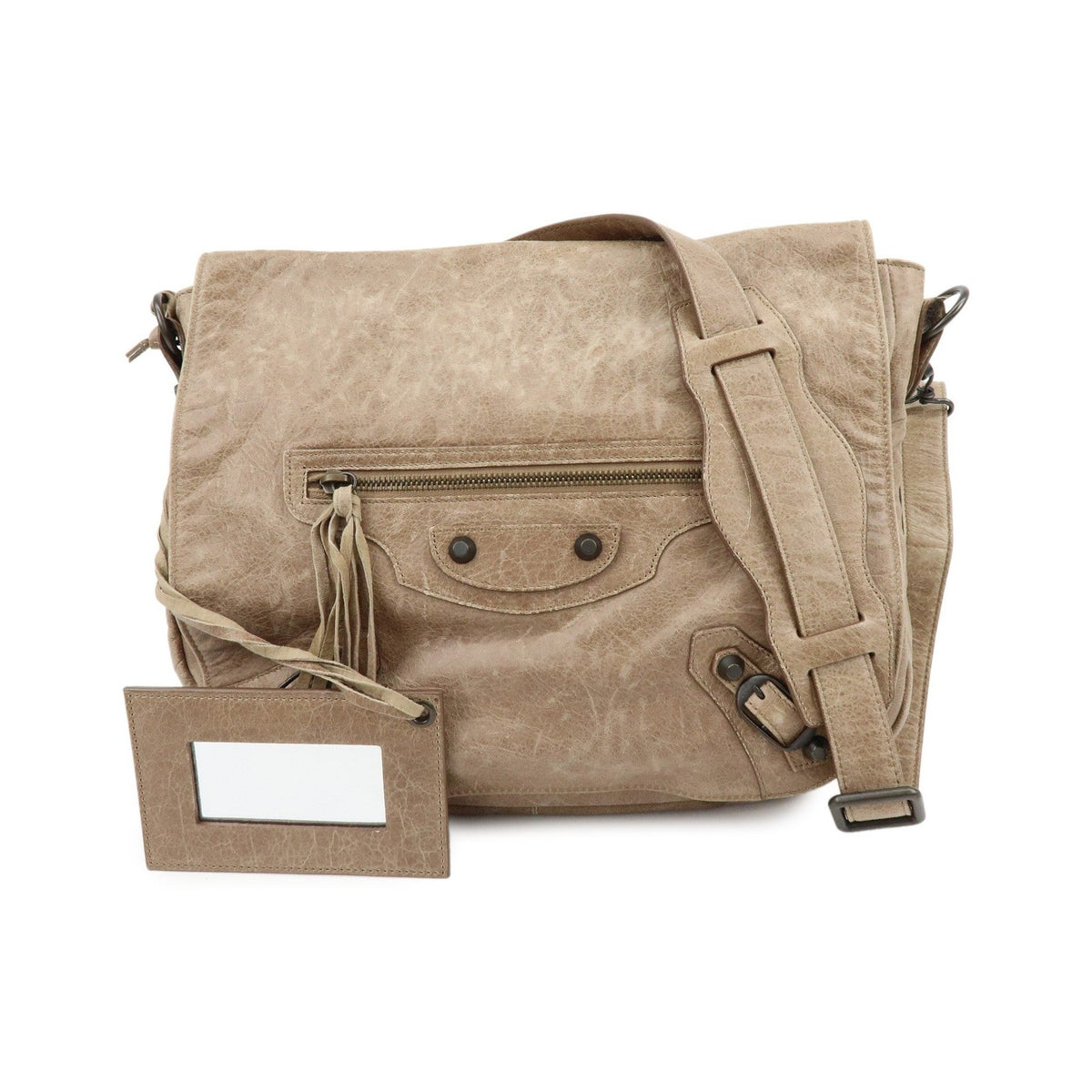 Balenciaga Classic Studs Folk Messenger Leather, Brown, Leather, Crossbody Bag