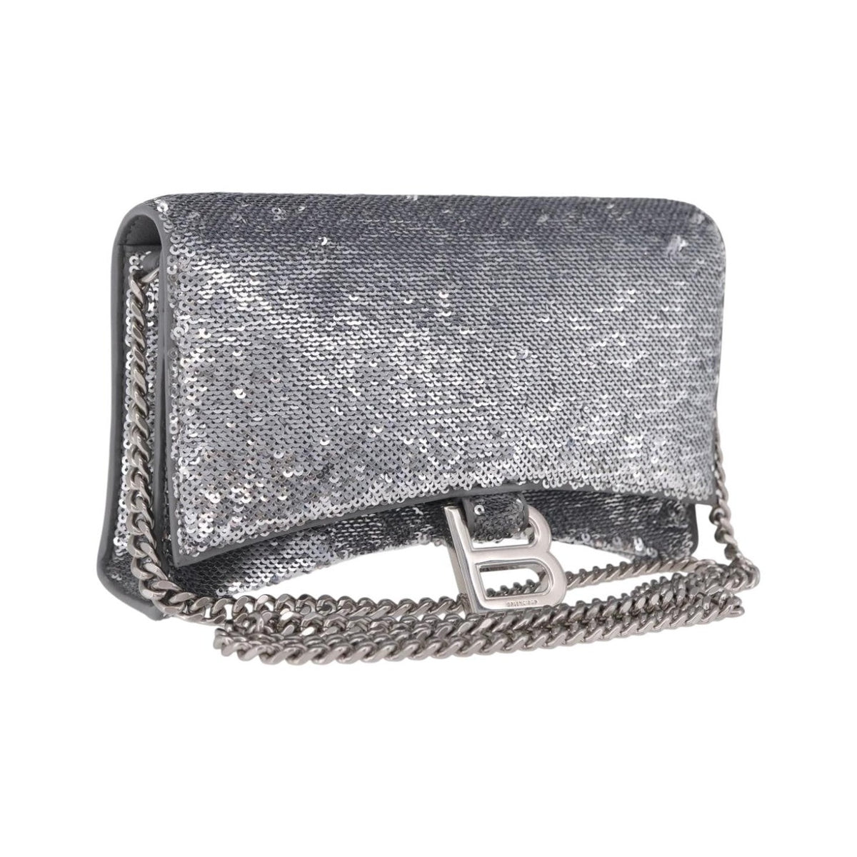 Balenciaga Hourglass Chain Leather with Sequins, Silver, Leather, Crossbody Bag