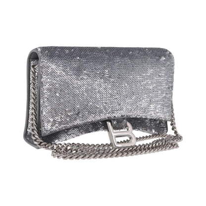 Balenciaga Hourglass Chain Leather with Sequins, Silver, Leather, Crossbody Bag