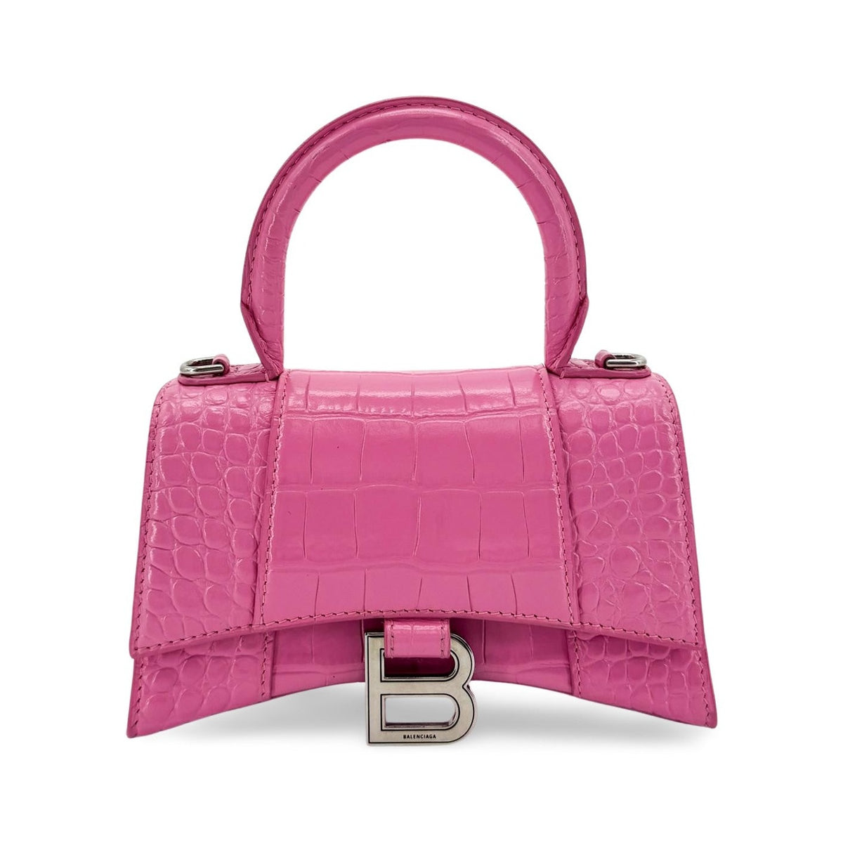 Balenciaga Hourglass Top Handle Crocodile Embossed Leather, Pink, Leather, Handbag
