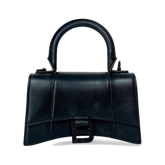Balenciaga Hourglass Top Handle Leather with Crystals, Black, Leather, Handbag