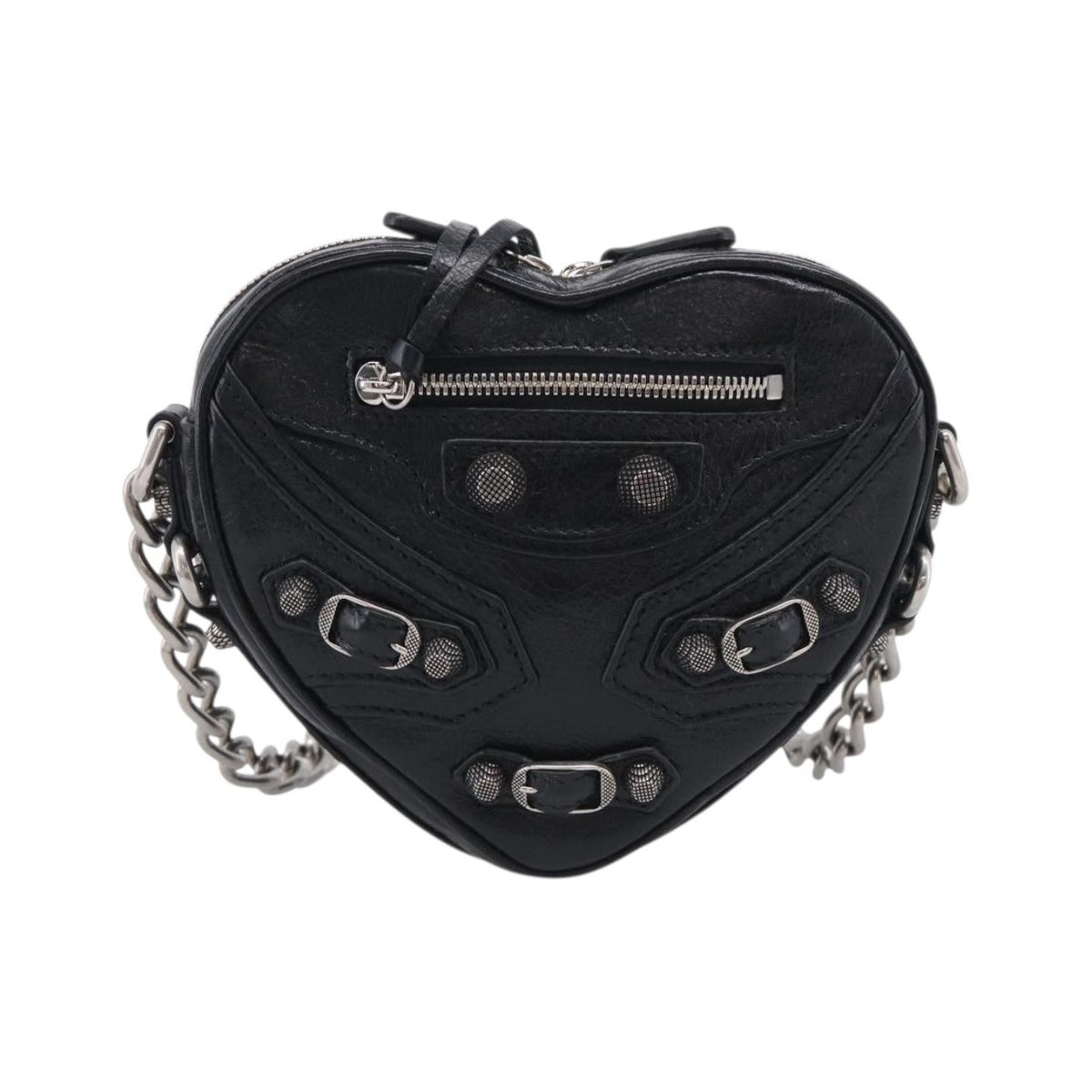 Balenciaga Le Cagole Giant Studs Heart Chain Leather, Black, Leather, Handbag
