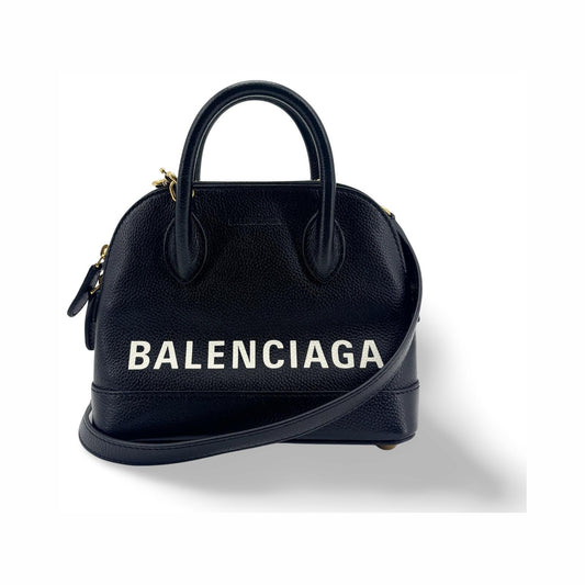 Balenciaga Logo Ville Leather, Black, Leather, Handbag