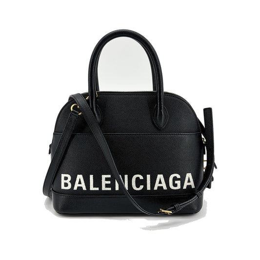 Balenciaga Logo Ville Leather, Black, Leather, Handbag