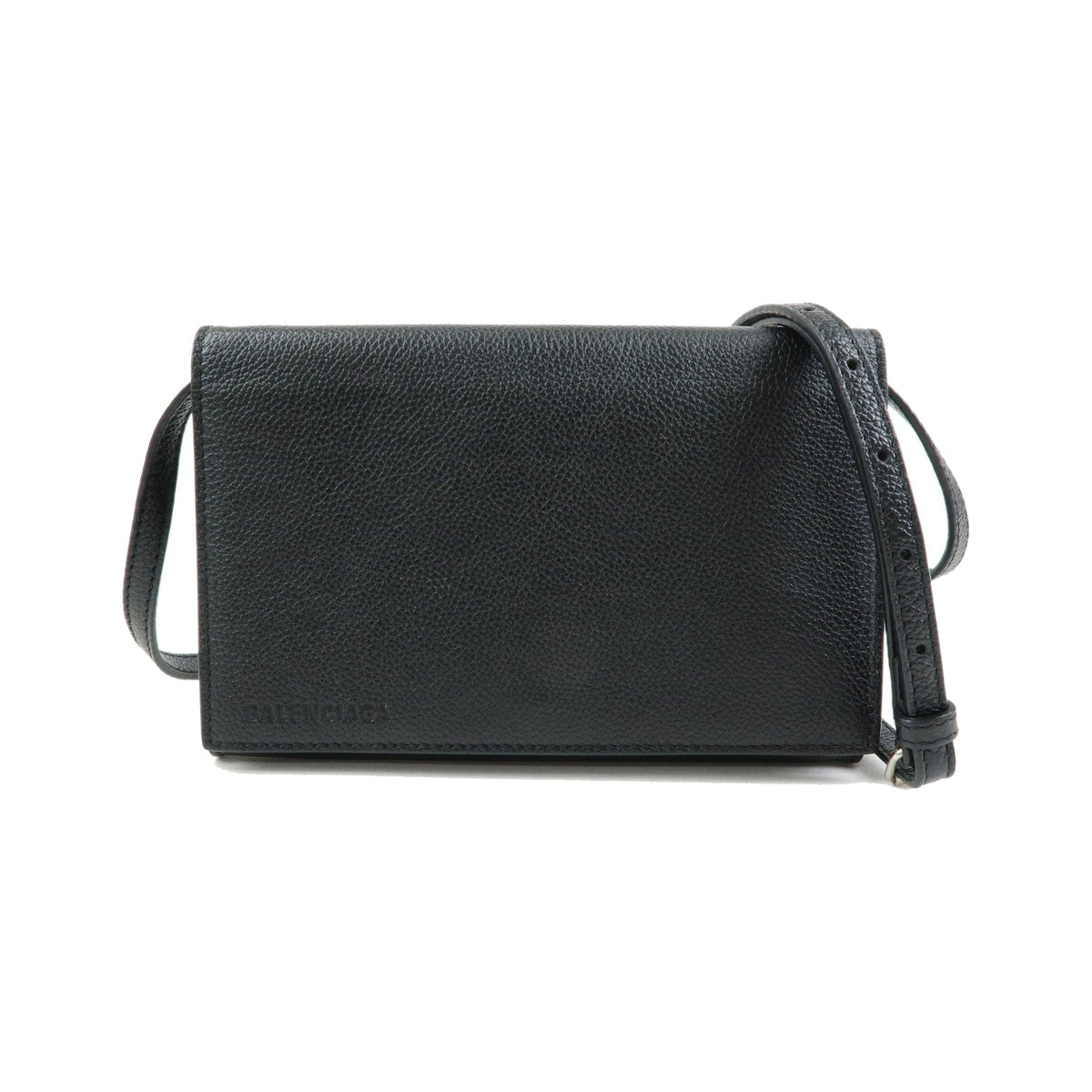 Balenciaga Logo Wallet with Strap Embossed Leather, Black, Leather, Crossbody Bag